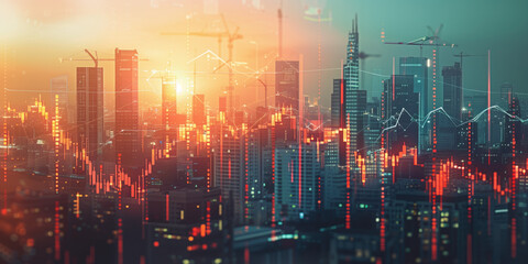 Poster - illustration of the residential real estate developers market. a graph or chart showing the drop in bond values. Background image. Created with Generative AI technology.