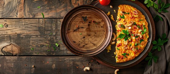 Canvas Print - A top-down view of a chicken and vegetable omelet with nuts, set against a wooden backdrop, with ample space for additional content or text.