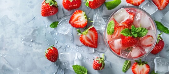 Poster - Top-down view of a refreshing summer drink featuring strawberries, ice, and mint, along with a vacant area for adding text, known as copy space image.