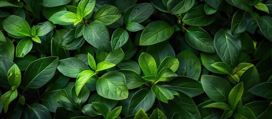 Poster - A vibrant abstract background featuring various green leaves from a live bush with copy space image.