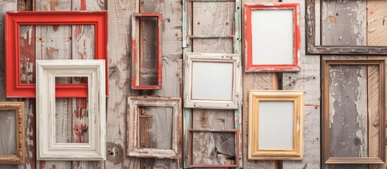 Leinwandbilder - Vintage frames with an empty middle hang on a shabby chic-style wooden wall, providing copy space image.