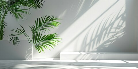 Wall Mural - Minimalist Product Display with Palm Leaf Shadow