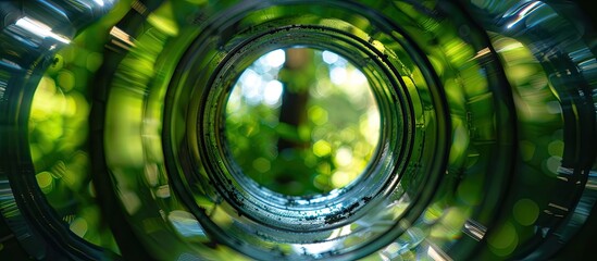 Aufkleber - Viewing through a stainless steel pipe with a blurred green tree at the end in a copy space image.