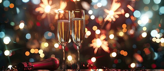 Poster - new year's eve ambiance with bokeh effect, fireworks display, and champagne glasses, perfect as a co