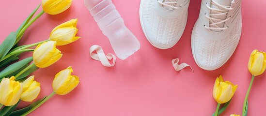 Poster - Top view of new sports shoes with a water bottle, yellow tulips on a pink pastel background, featuring a copy space image for the sneakers.