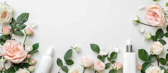 Poster - Various hand care cosmetics and roses with copy space image on a white backdrop.