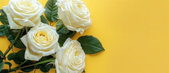 Fototapete - Top view photo of white roses on a yellow background with space for text or image overlaid. Copy space image. Place for adding text and design