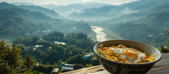 Aufkleber - Breakfast bowl with noodles and omelette, captured against a scenic backdrop of hills and a river valley in a copy space image.