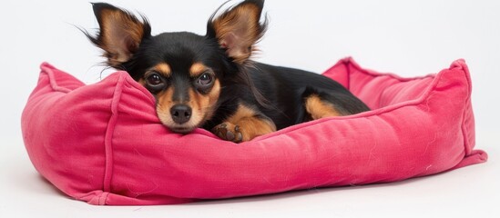Poster - An adorable Toy Terrier rests on a pink dog bed in an isolated background, providing a charming copy space image.