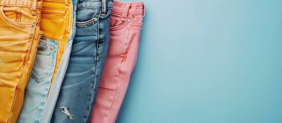 Poster - Display of various denim jeans next to a bright wall. Includes copy space image.