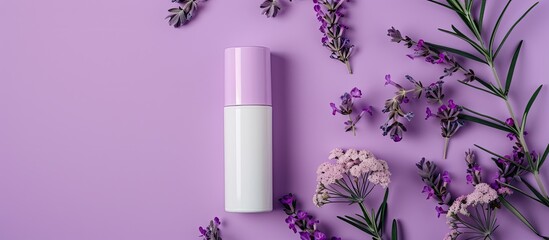 Aufkleber - Purple background with natural roll-on deodorant for women in flat lay composition, copy space image available.