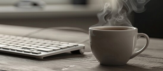 Leinwandbilder - Essential work tools like a keyboard and mouse are paired with a steaming cup of coffee in the background of a copy space image.
