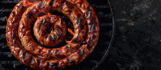 Wall Mural - Top-down view of barbecue grilled spiral pork sausages on a grill, set against a black background with ample space for additional content in the image.