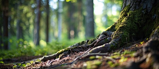 Leinwandbilder - Detailed close-up of pine tree roots in a forest, shot from a low angle to capture the natural scenery with a blurred background, highlighting the ecological environment. Add copy space image.