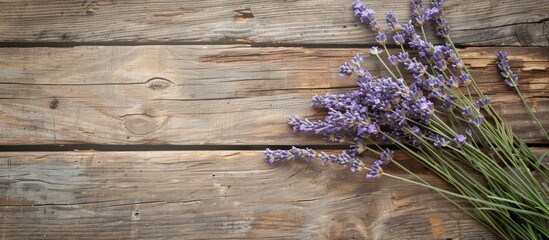 Poster - Lavender stems displayed on a rustic wooden surface with a blank space for additional imagery.