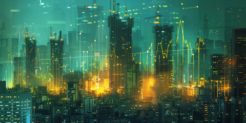 Poster - illustration of the residential real estate developers market. a graph or chart showing the drop in bond values. Background image. Created with Generative AI technology.