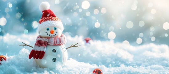 Wall Mural - A snowman toy with a red and white hat and scarf against a snowy background, providing ample copy space for images.