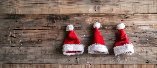 Sticker - Festive Santa's helper hats displayed against a backdrop of rustic wood, evoking a cheerful ambiance for Christmas and New Year celebrations with a copy space image.