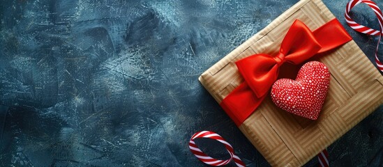 Canvas Print - Heart with a gift box beautifully wrapped in craft paper and a bright red bow, perfect for Valentine's day, with copy space image.