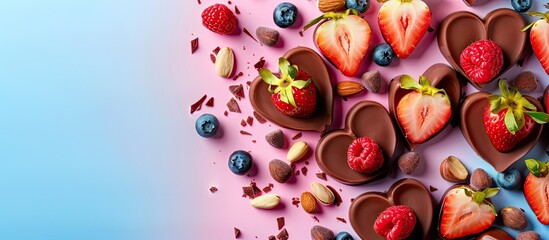 Sticker - Heart-shaped chocolate sweets topped with fruits and nuts on a colorful backdrop, viewed from above, perfect for a holiday theme with room for text; copy space image.