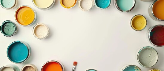 Aufkleber - Overhead view of various paint cans and brush on a white backdrop with space for text or design, also known as a copy space image.