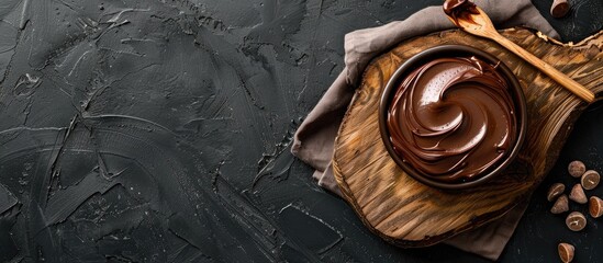 Poster - A wooden board topped with hazelnut chocolate spread on a black backdrop provides a striking copy space image.
