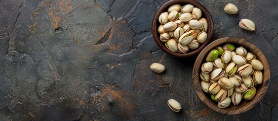 Aufkleber - Wooden bowl filled with peeled pistachios displayed in both raw and roasted forms, with a blank space in the image for text or designs. Copy space image. Place for adding text and design