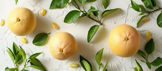 Poster - A ripe pomelo fruit with fresh green twigs, placed on a white backdrop with copy space image.