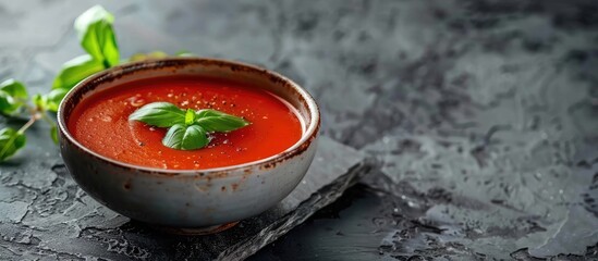 Poster - Gazpacho, a classic Spanish tomato soup, served in a ceramic bowl garnished with basil on a stone surface with ample copy space image.
