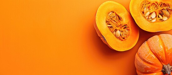 Wall Mural - Fresh ripe pumpkin cut on a bright background with space for text alongside a picture. Copy space image. Place for adding text and design