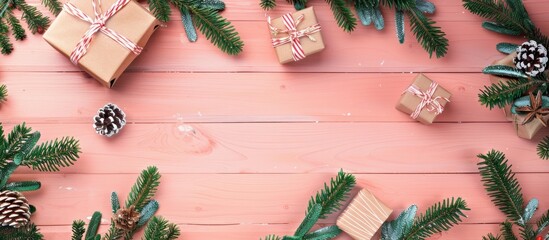 Poster - Top view of gift boxes adorned with fir branches on a pink wooden background, providing copy space image.