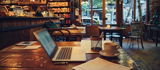 Poster - Wooden table in a coffee shop featuring a laptop with documents, notepad, and a cup of coffee; space for further images. Copy space image. Place for adding text and design