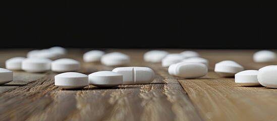 Aufkleber - White medical tablets displayed on a wooden table with a black background, suitable for copy space image.