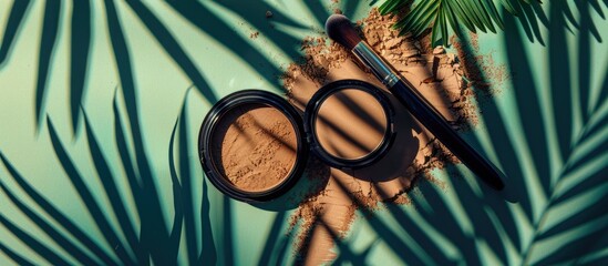 Leinwandbilder - Top view of a modern cosmetic scene featuring bronzer powder and palm shadow overlay, with copy space image.