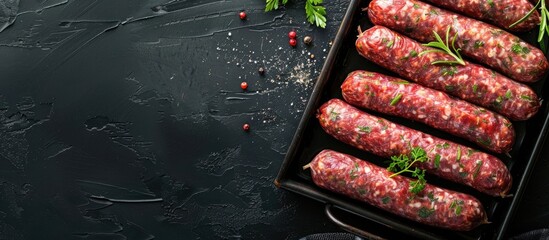 Poster - Top-down view of uncooked lamb and beef meat sausages on a kitchen tray with herbs, set against a black background, with space for additional content in the image.