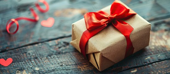 Canvas Print - Heart with a gift box beautifully wrapped in craft paper and a bright red bow, perfect for Valentine's day, with copy space image.