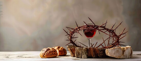 Wall Mural - Crown of thorns, wine cup, and bread displayed on a white background with copy space image.