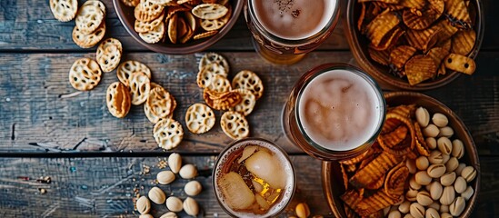 Poster - Top-down view of lager beer with snacks on a rustic wooden table, providing ample copy space in the image.