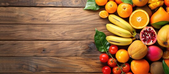 Poster - Top view of various Asian summer fruits like mangosteen, banana, and orange displayed on a wooden background with copy space image.