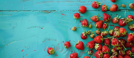 Poster - Fresh wild strawberries on a vibrant turquoise background with copy space image.