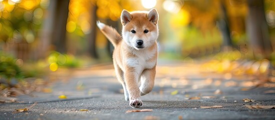 Poster - Japanese Akita Inu puppy with a red coat strolls outdoors in a park setting with a background featuring ample copy space for images.