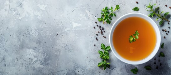 Poster - A healthy food concept featuring a bowl of broth on a gray background captured from a top view with ample copy space, ideal for a panorama or banner design.
