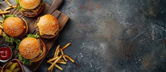 Poster - Top view of burgers, fries, and pickles on a cutting board with a space for adding text or images. Copy space image. Place for adding text and design