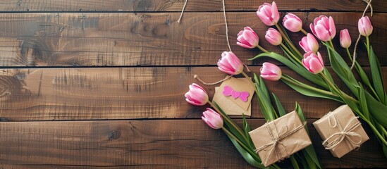 Aufkleber - Mother's Day celebration with pink tulips, gifts, and a note displayed on a rustic wooden backdrop in a lovely copy space image.