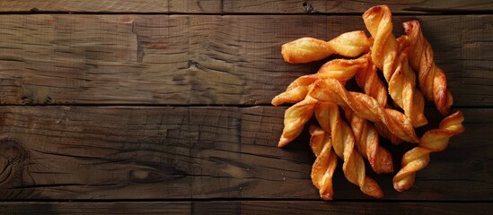 Raw tornado or twist potato fries on a wooden background in a top view with copy space image.