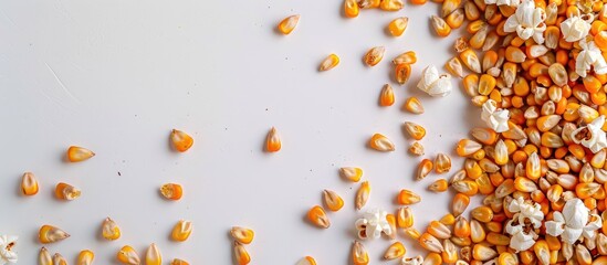 Canvas Print - Top-down view of dried corn kernels on a white background, perfect for popcorn, with ample copy space image available.