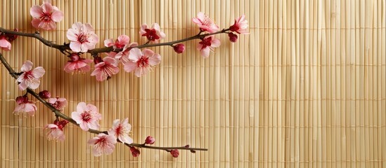 Poster - Copy space image of a cherry blossom branch above a bamboo mat.