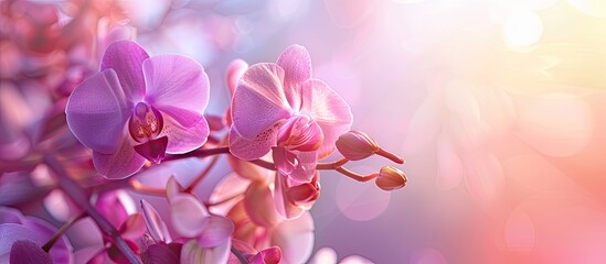 Poster - Copy space image featuring a vibrant pink and purple phalaenopsis orchid flower in the background.