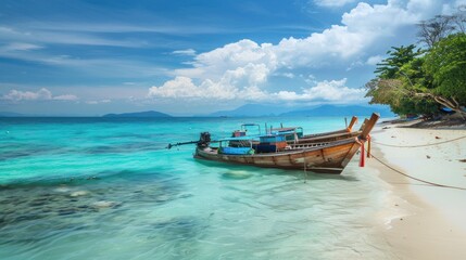 Wall Mural - Long-tail boats moored in a row on a sandy beach island in Thailand.