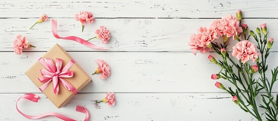 Canvas Print - Top view image of carnations and a gift box on a white wooden background with a copy space for Mother's Day greetings.